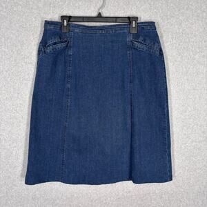Vintage 90s Jean Skirt L Knee Denim Pockets Stretch Farmhouse Cottage Granny **